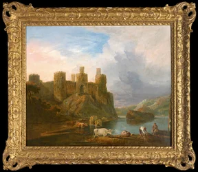 Ein Blick auf Conway Castle mit Fischern, die ihre Netze reparieren